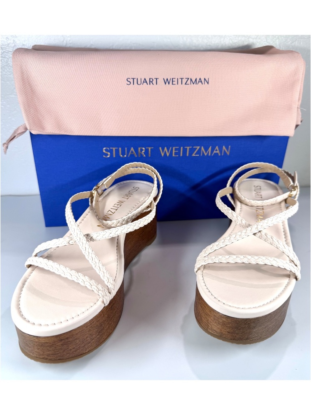 STUART WEITZMAN NIB WOVETTE SEASHELL WALLNUT WOOD WEDGE SANDAL. SIZE 9 B - Picture 3 of 16